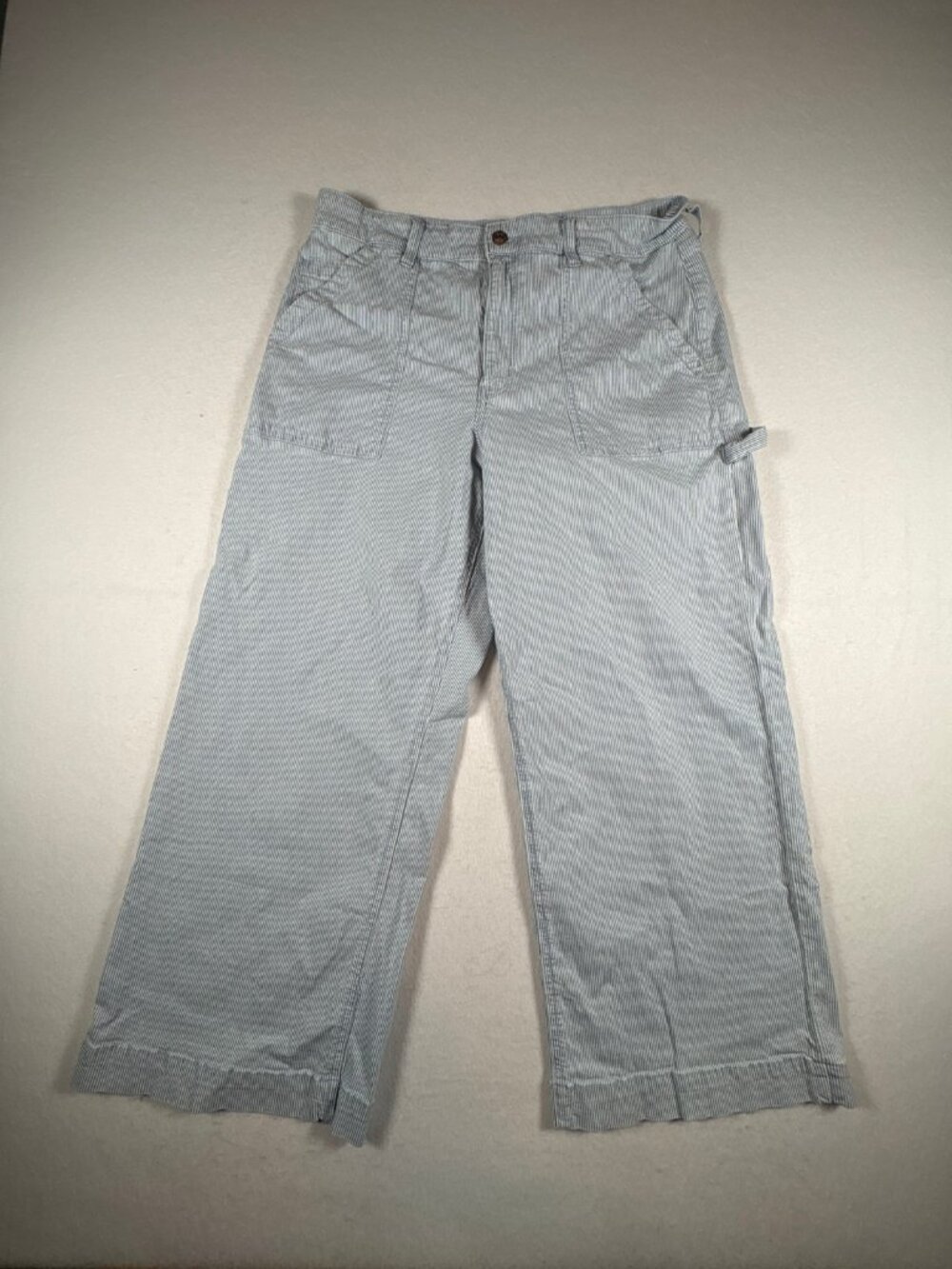 American Eagle Baggy Jeans Womens 14 Blue White Pinstripe High Rise Wide Leg